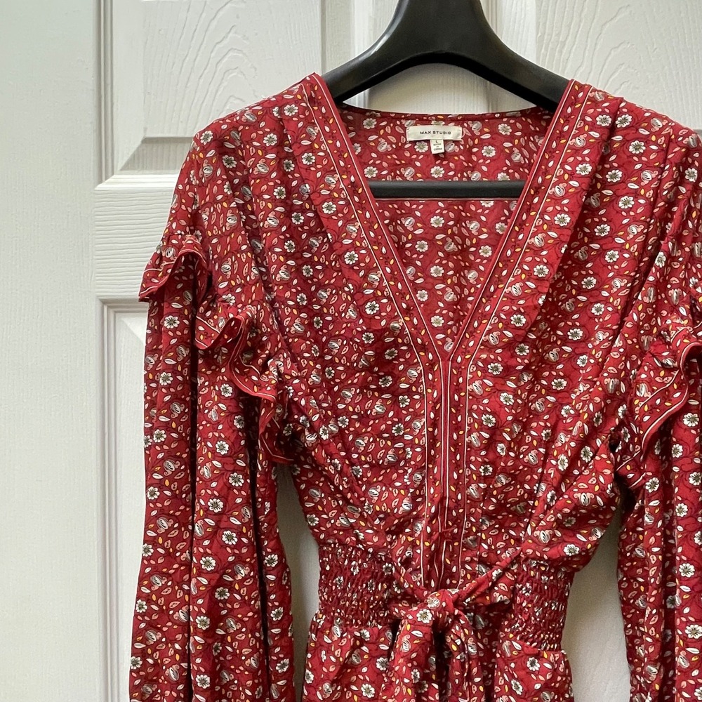 Max Studio‎ Floral Red V-Neck Puff Sleeve Tie Front Peplum Blouse Size XL NWT